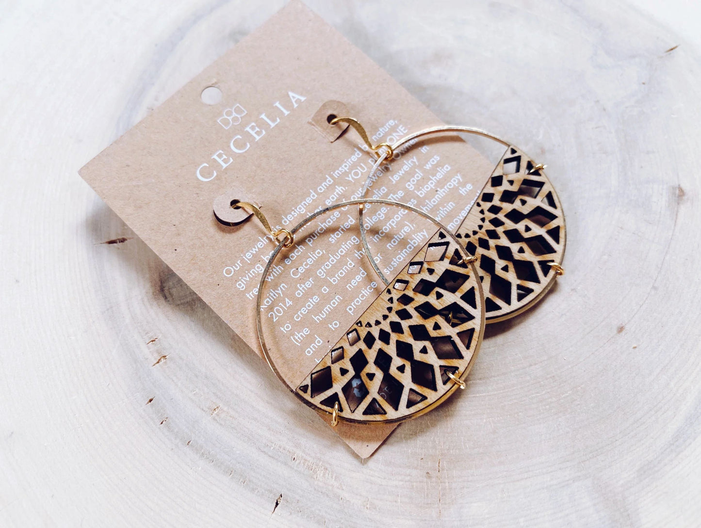 Cecelia Designs Mandala Gold Hoop with Moon Wood Pendant Jewelry CECELIA DESIGNS 